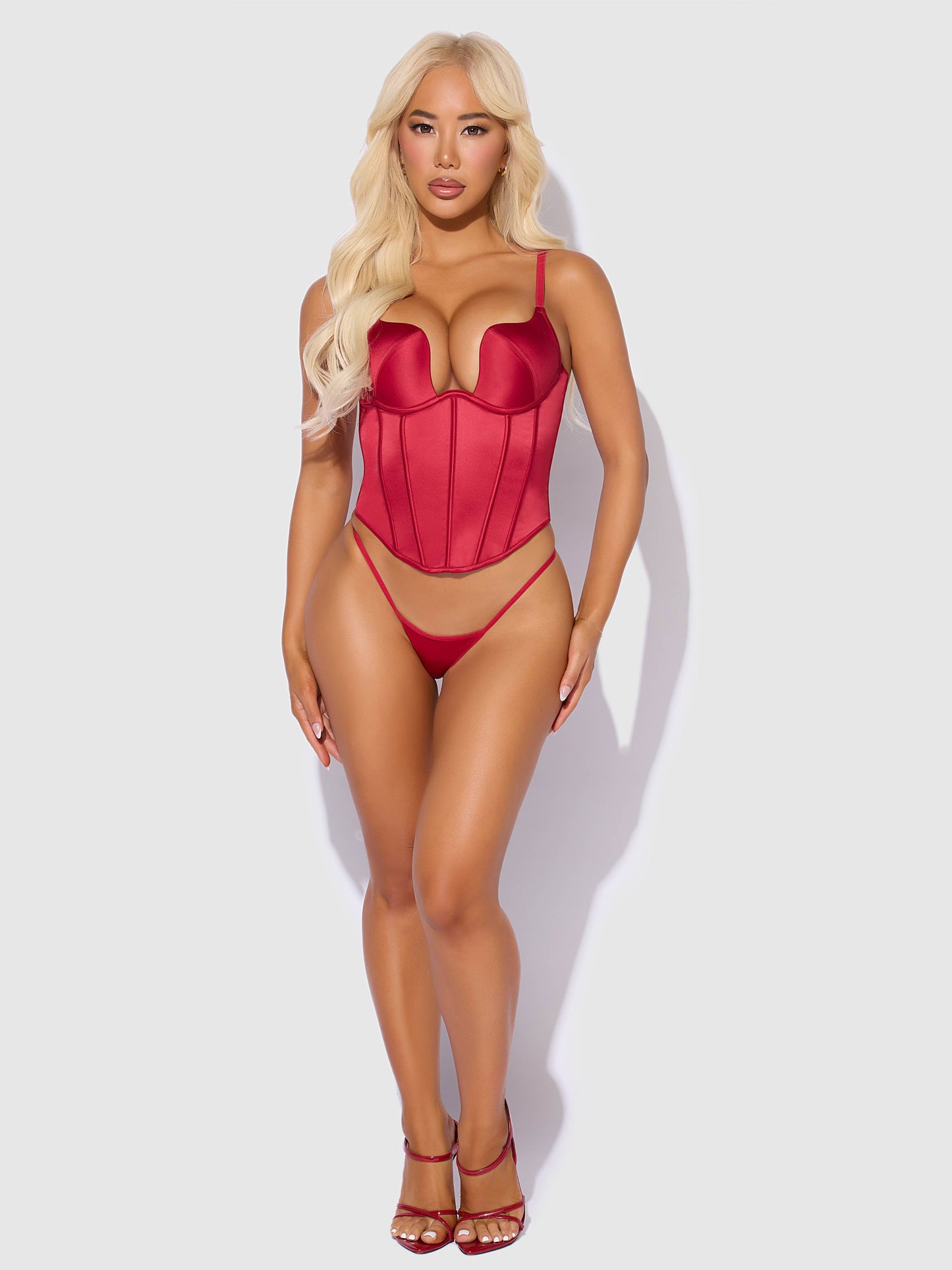 BRIGETA SATIN PLUNGE PUSH UP BUSTIER & G-STRING SET