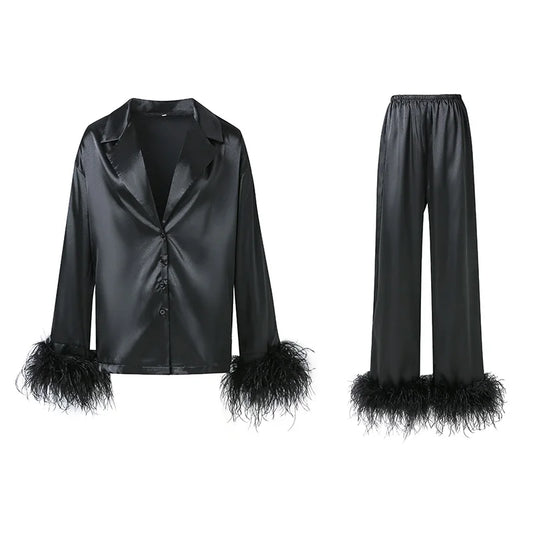 Black Silk Pajamas With Ostrich Feather Cuffs