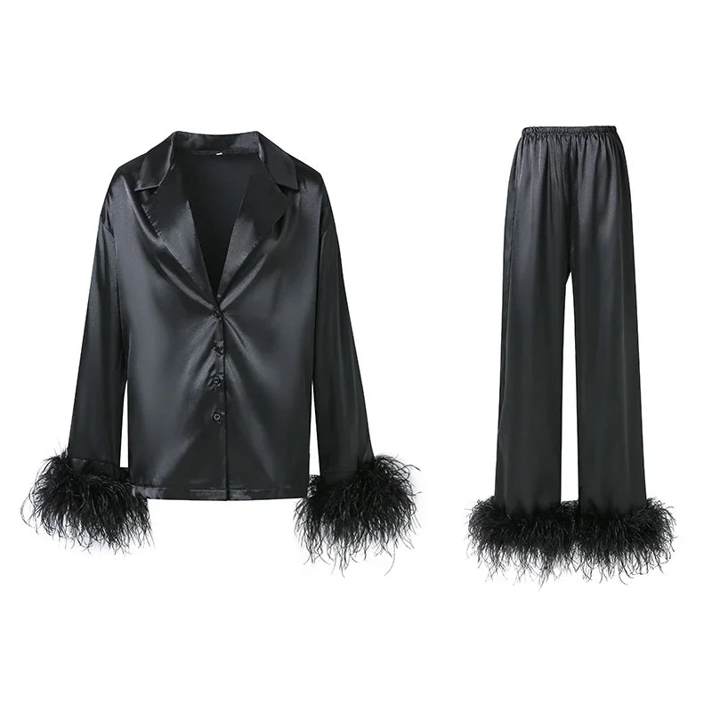 Black Silk Pajamas With Ostrich Feather Cuffs