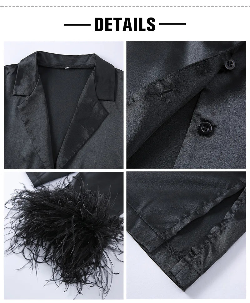 Black Silk Pajamas With Ostrich Feather Cuffs