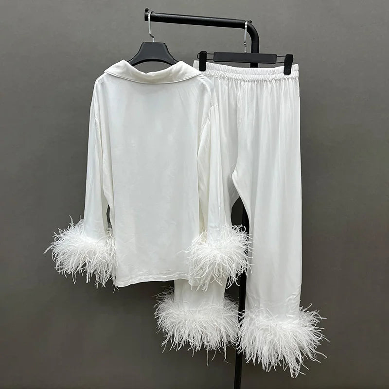 Black Silk Pajamas With Ostrich Feather Cuffs